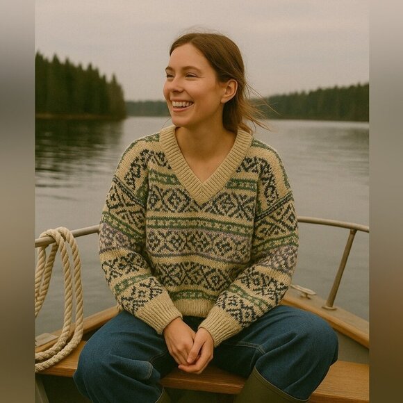 vintage Sweaters - Vintage Nordic Print Handmade Fisherman Core Oversized Wool Pullover Sweater